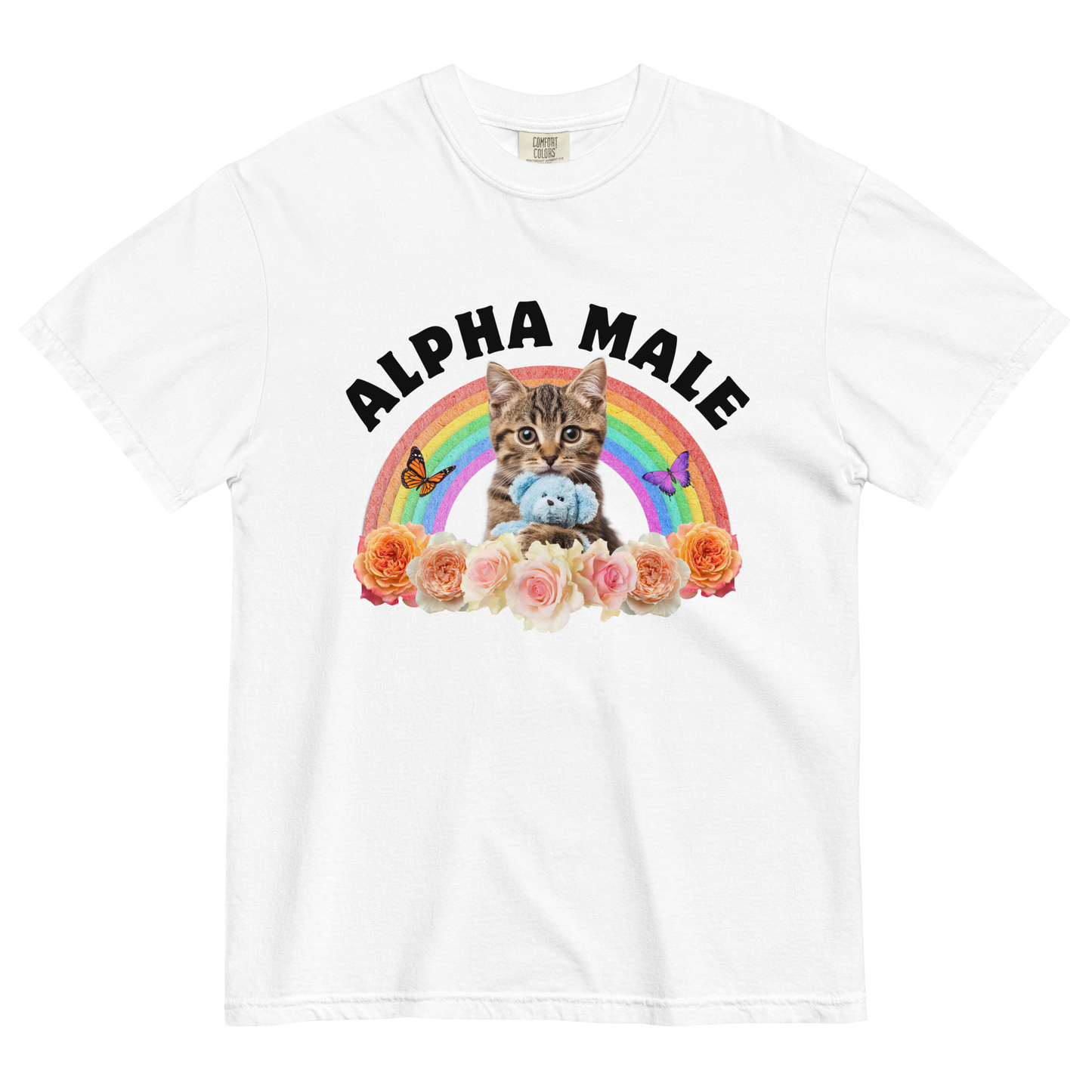 Funny Alpha Male Cat rainbow roses heavyweight graphic t-shirt in white by Boozy Fox
