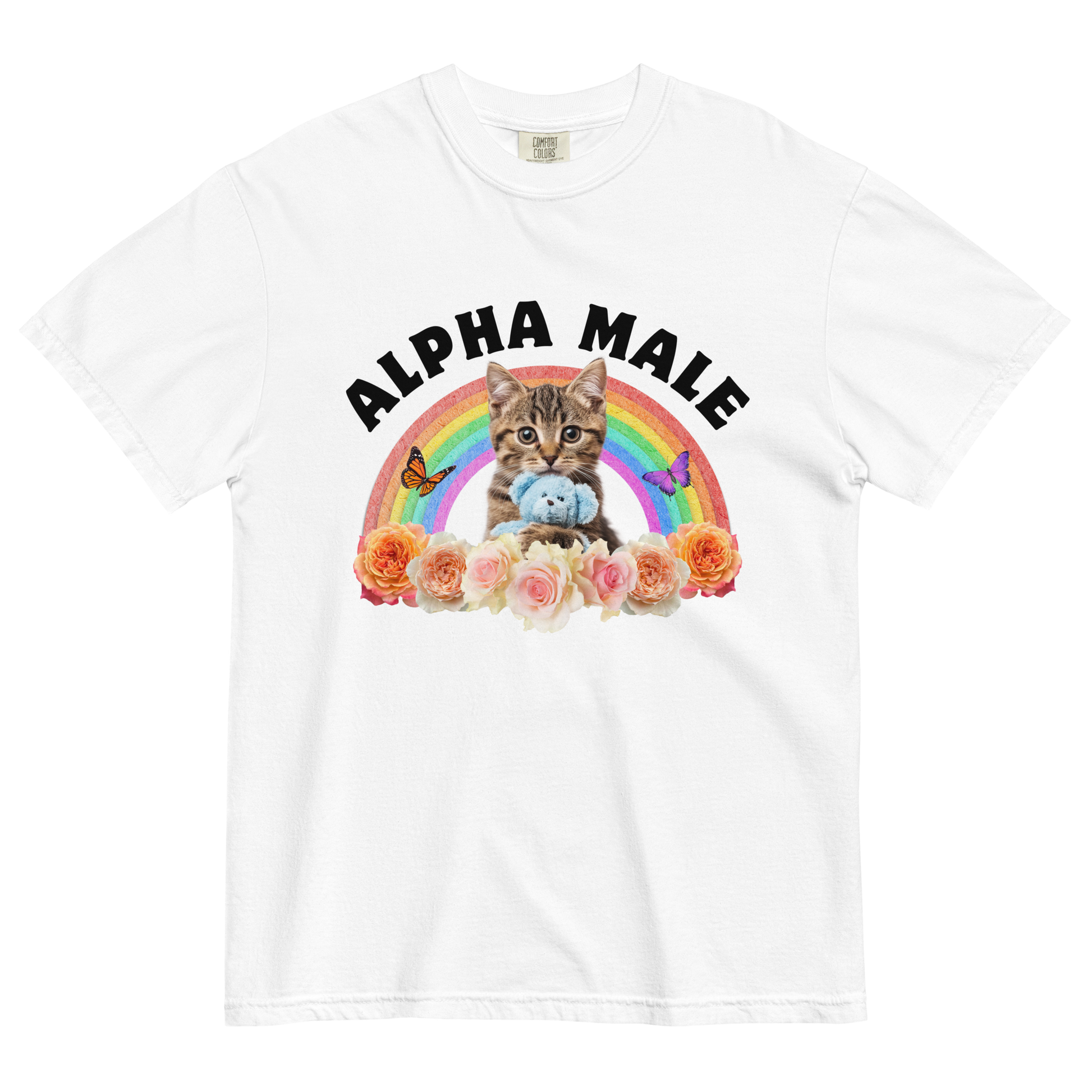 Funny Alpha Male Cat rainbow roses heavyweight graphic t-shirt in white by Boozy Fox
