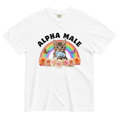Funny Alpha Male Cat rainbow roses heavyweight graphic t-shirt in white by Boozy Fox