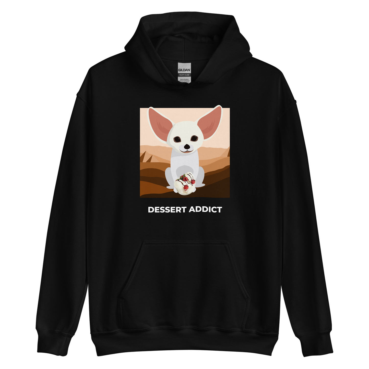 Black Fennec Fox Hoodie featuring an adorable Dessert Addict graphic on the chest - Funny Graphic Fennec Fox Hoodies - Boozy Fox