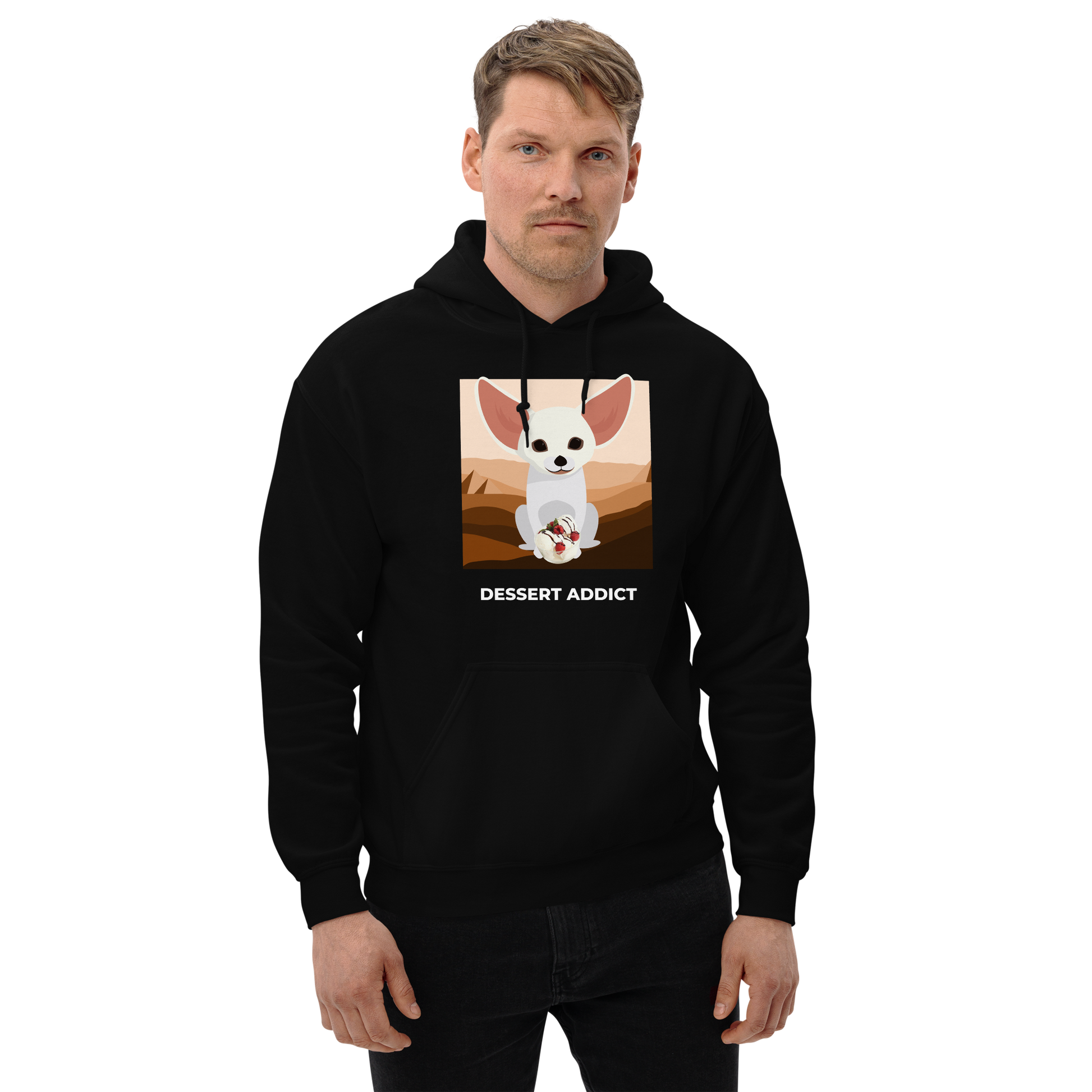 Man Wearing a Black Fennec Fox Hoodie featuring an adorable Dessert Addict graphic on the chest - Funny Graphic Fennec Fox Hoodies - Boozy Fox