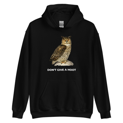 Black Owl Hoodie featuring a captivating Don't Give A Hoot graphic on the chest - Funny Graphic Owl Hoodies - Boozy Fox