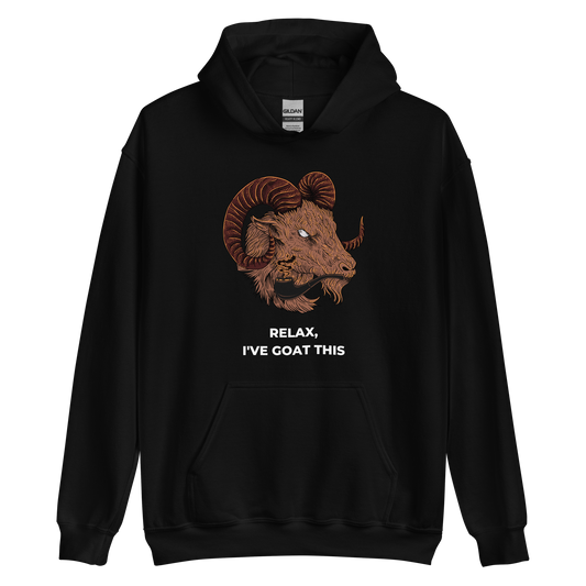Black Goat Hoodie featuring a captivating Relax, I've Goat This graphic on the chest - Funny Graphic Goat Hoodies - Boozy Fox