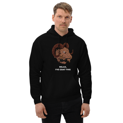 Man wearing a Black Goat Hoodie featuring a captivating Relax, I've Goat This graphic on the chest - Funny Graphic Goat Hoodies - Boozy Fox
