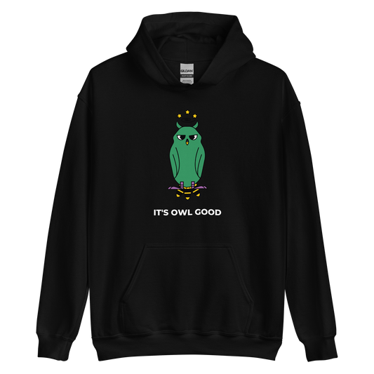 Black Owl Hoodie featuring a whimsical It's Owl Good graphic on the chest - Funny Graphic Owl Hoodies - Boozy Fox