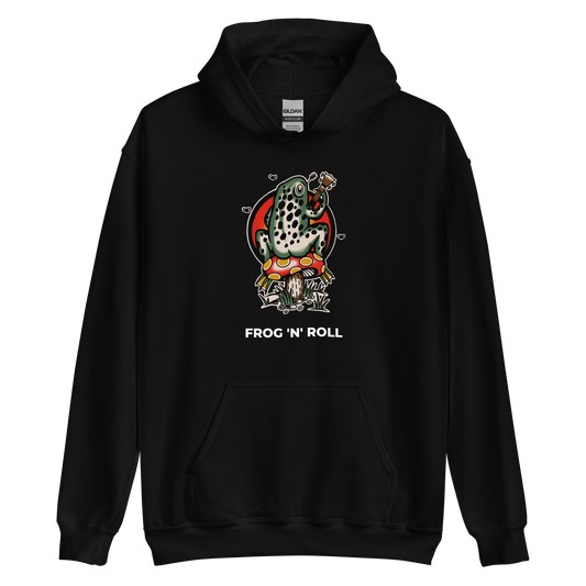 Black Frog Hoodie featuring the hilarious Frog 'n' Roll graphic on the chest - Funny Graphic Frog Hoodies - Boozy Fox