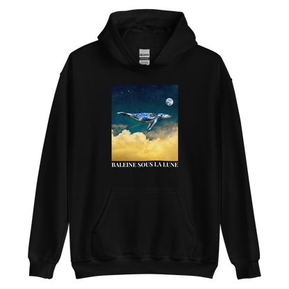 Black Whale Hoodie featuring a charming Whale Under The Moon graphic on the chest - Cool Graphic Whale Hoodies - Boozy Fox
