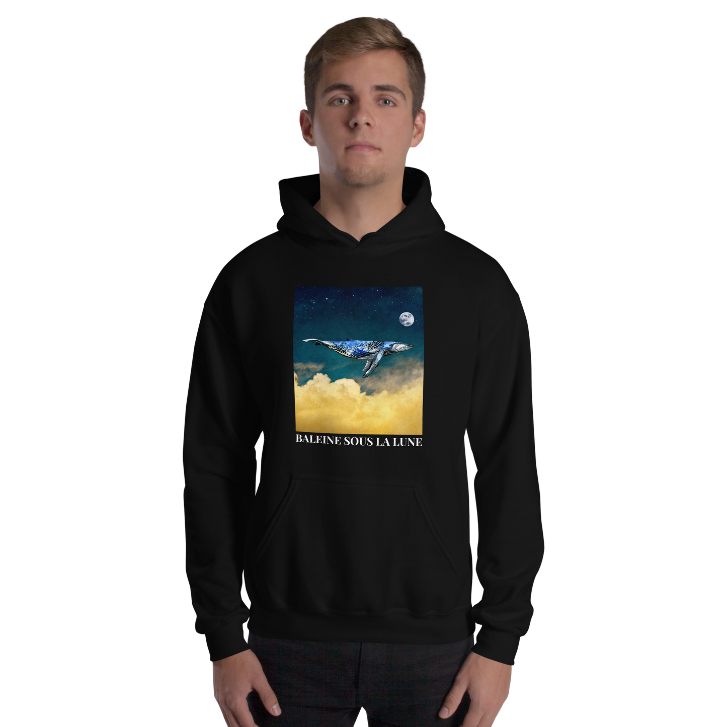 Man wearing a Black Whale Hoodie featuring a charming Whale Under The Moon graphic on the chest - Cool Graphic Whale Hoodies - Boozy Fox