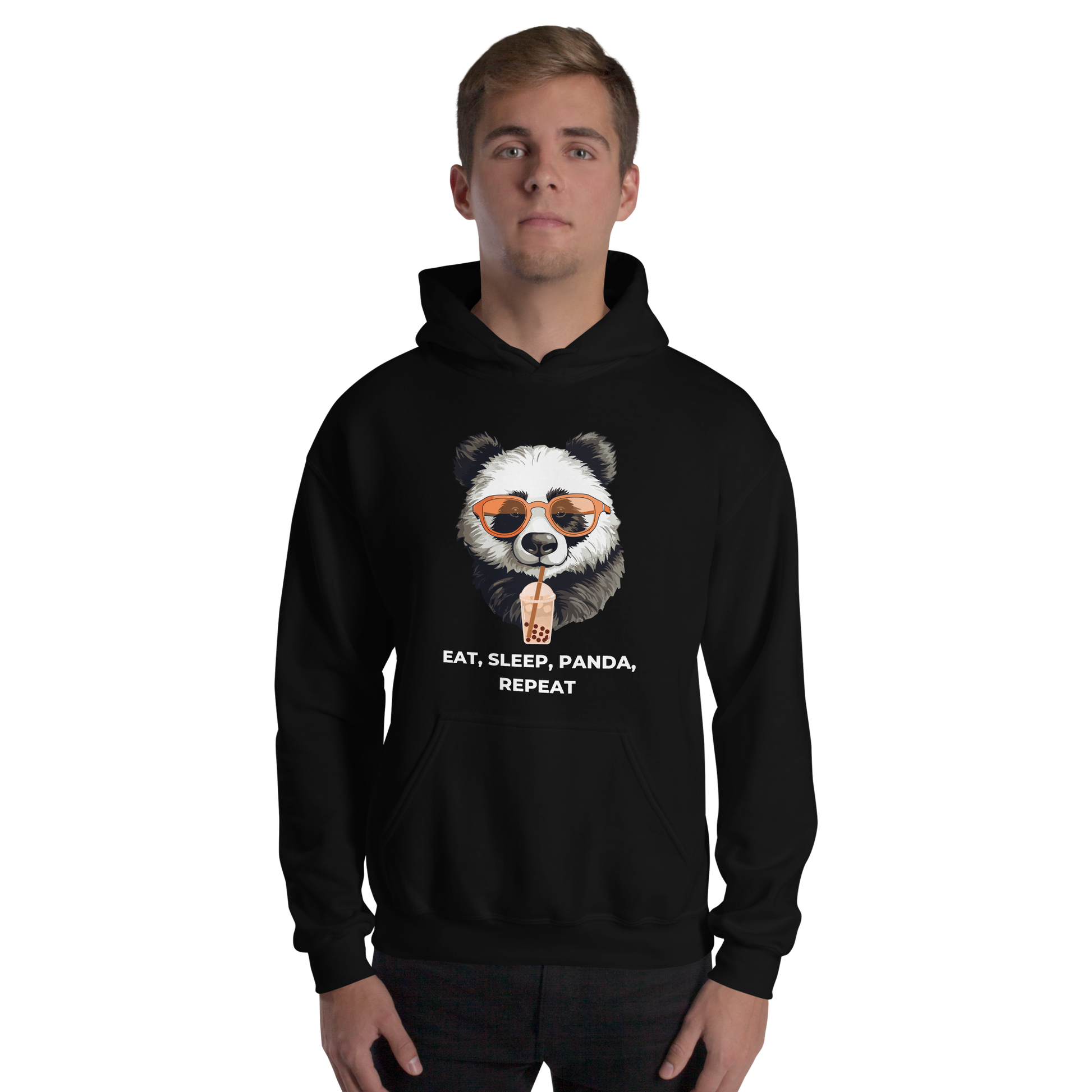 Man wearing a Black Panda Hoodie featuring the hilarious Eat, Sleep, Panda, Repeat graphic on the chest - Funny Graphic Panda Hoodies - Boozy Fox