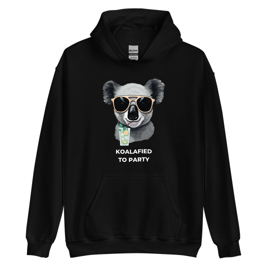 Black Koala Hoodie featuring a captivating Koalafied To Party graphic on the chest - Funny Graphic Koala Hoodies - Boozy Fox