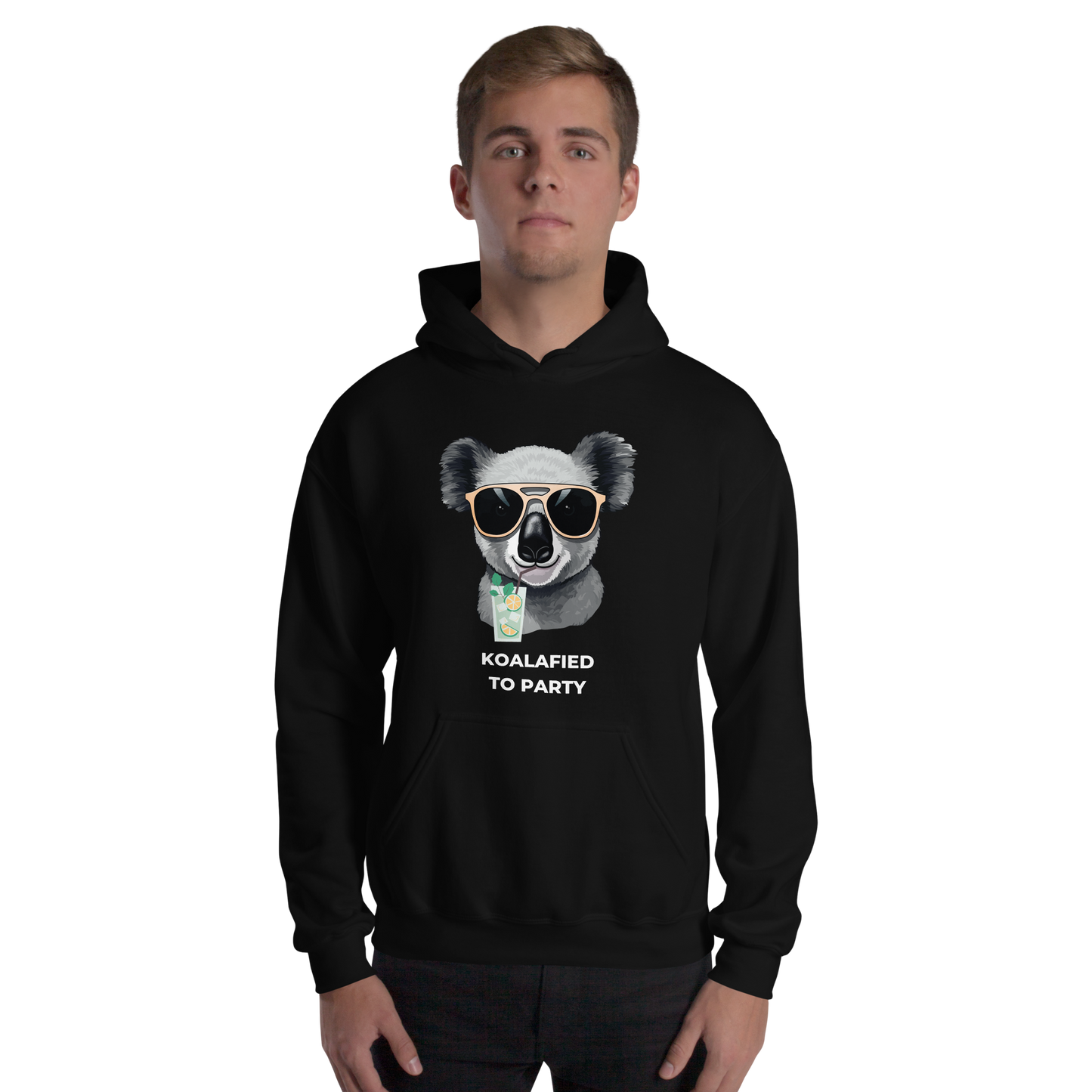 Man wearing a Black Koala Hoodie featuring a captivating Koalafied To Party graphic on the chest - Funny Graphic Koala Hoodies - Boozy Fox
