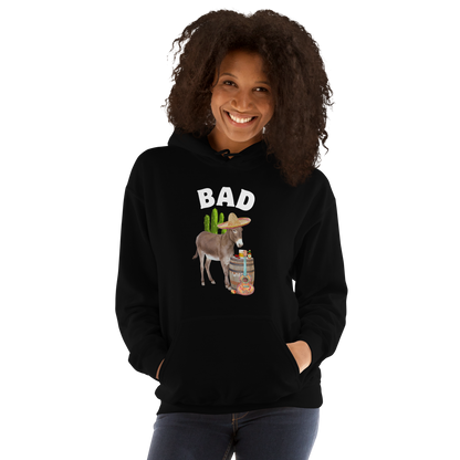 Smiling woman wearing a Black Donkey Hoodie Featuring a Funny Bad Ass Donkey graphic on the chest - Funny Graphic Bad Ass Donkey Hoodies - Boozy Fox