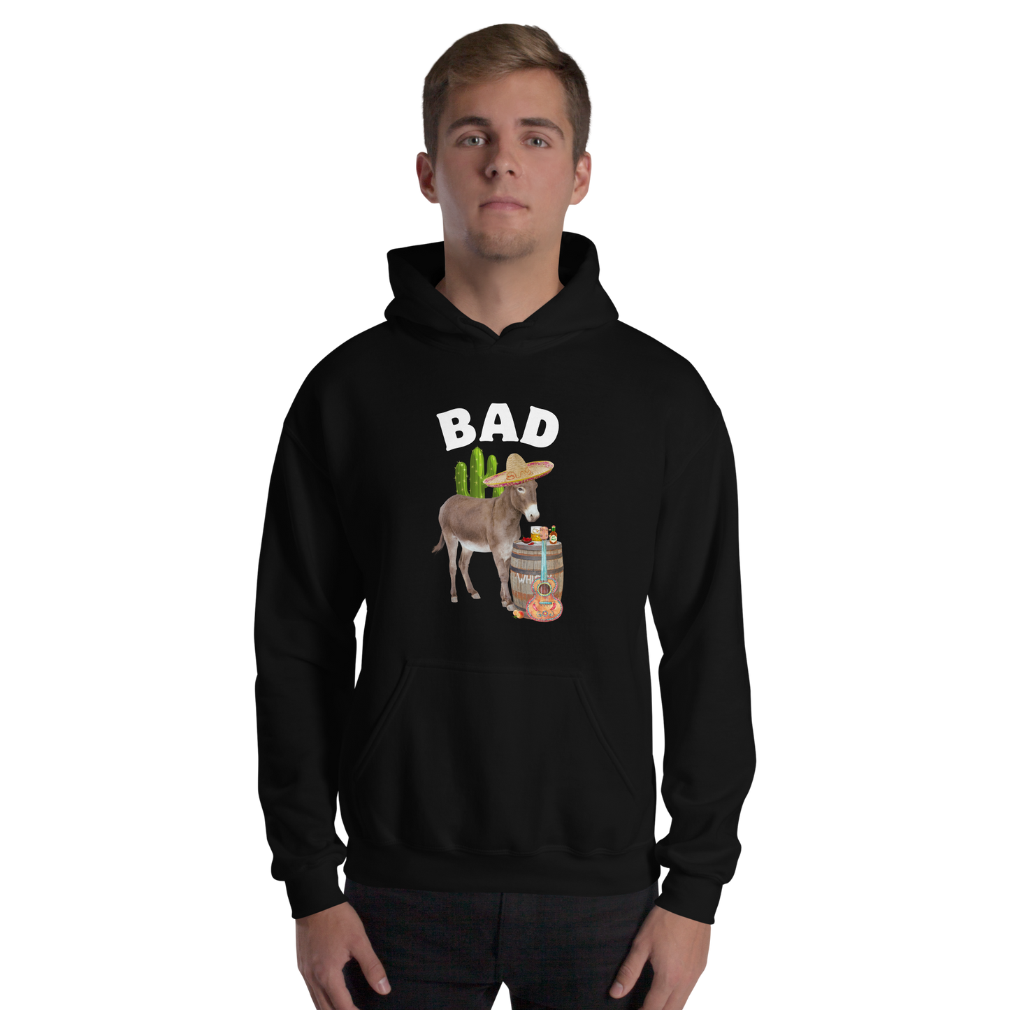 Man wearing a Black Donkey Hoodie Featuring a Funny Bad Ass Donkey graphic on the chest - Funny Graphic Bad Ass Donkey Hoodies - Boozy Fox