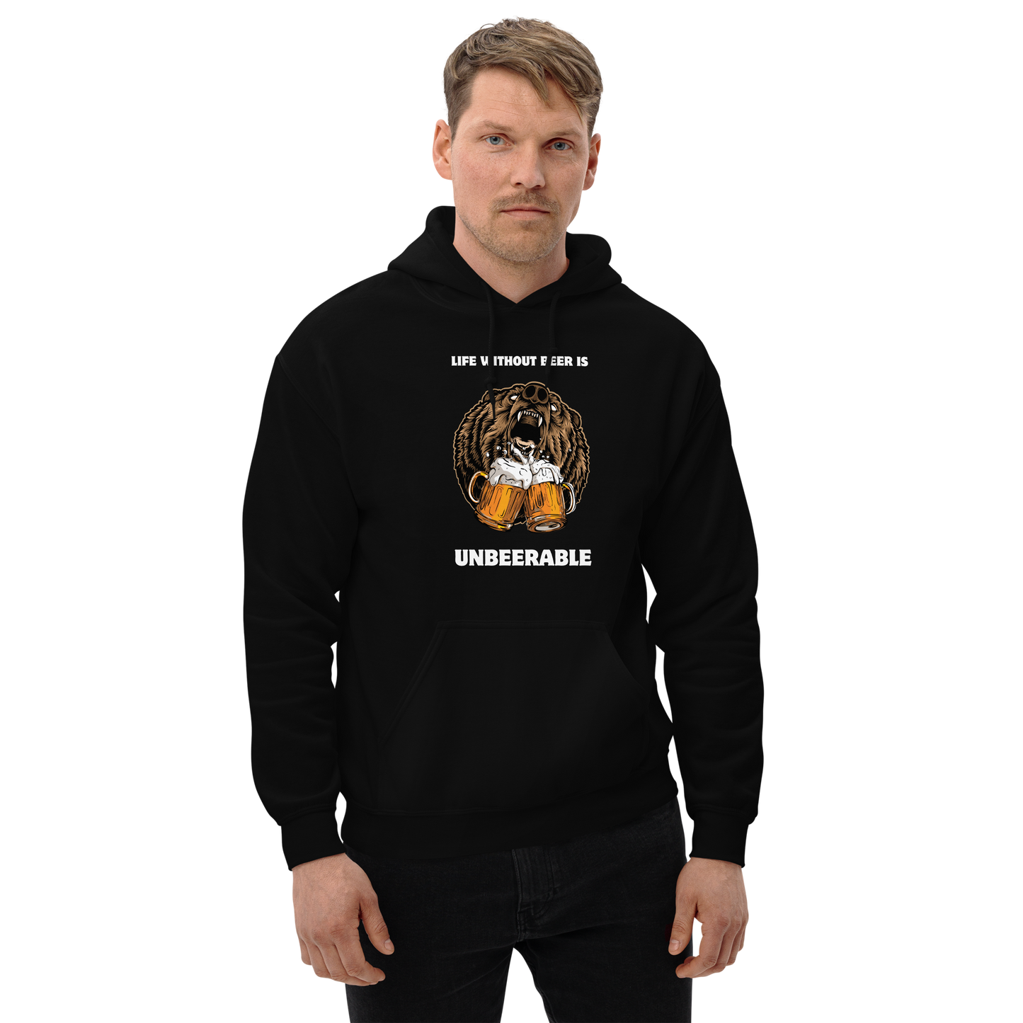 Man wearing a Black Life Without Beer Is Unbeerable Hoodie - Boozy Fox