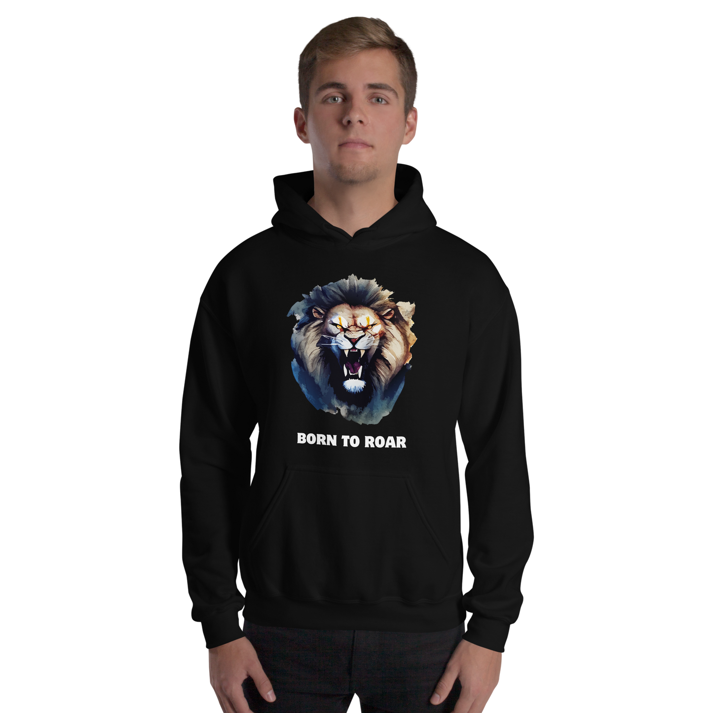 Man wearing a Funny Born to Roar Lion Hoodie in black by Boozy Fox