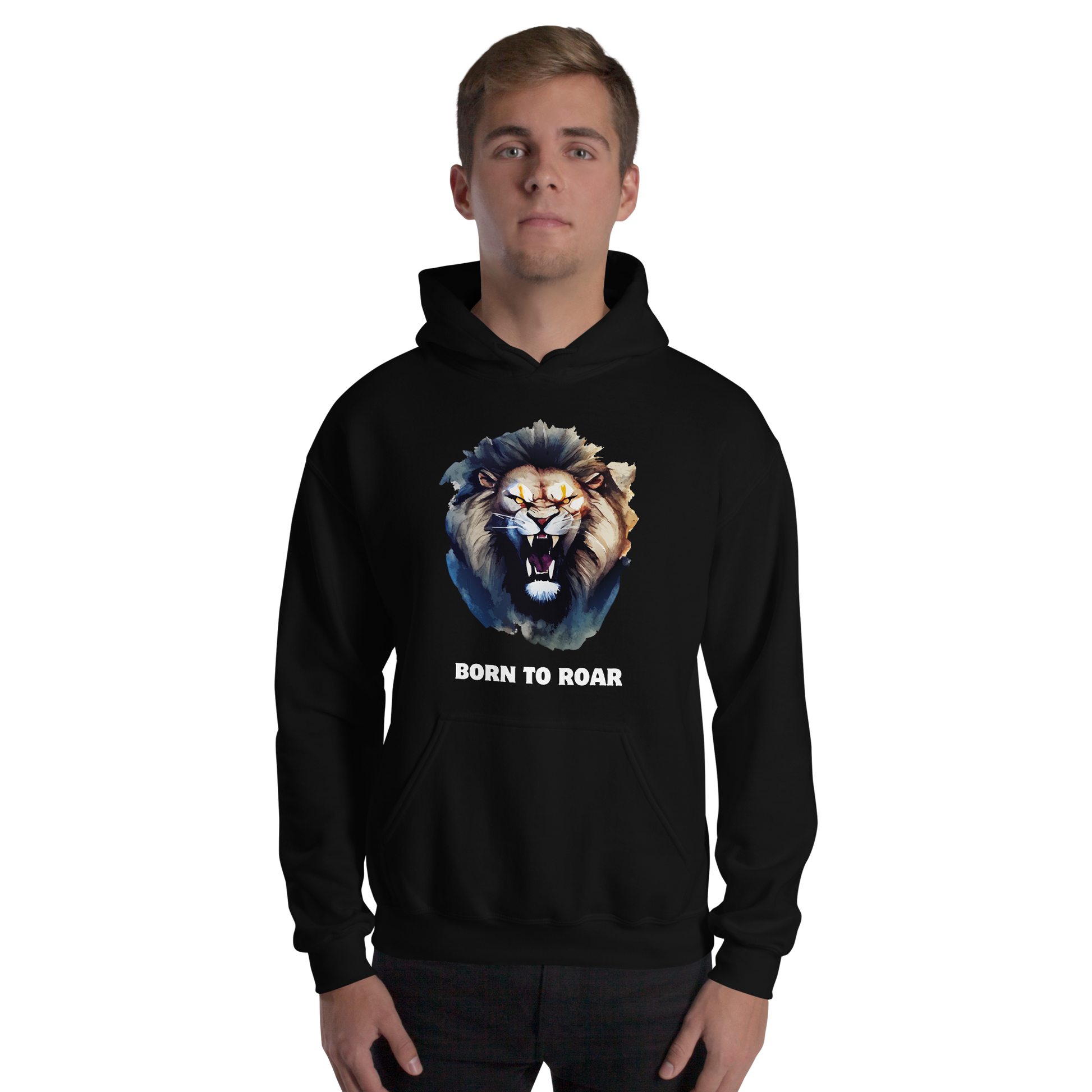 Man wearing a Funny Born to Roar Lion Hoodie in black by Boozy Fox