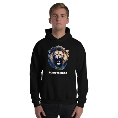 Man wearing a Funny Born to Roar Lion Hoodie in black by Boozy Fox
