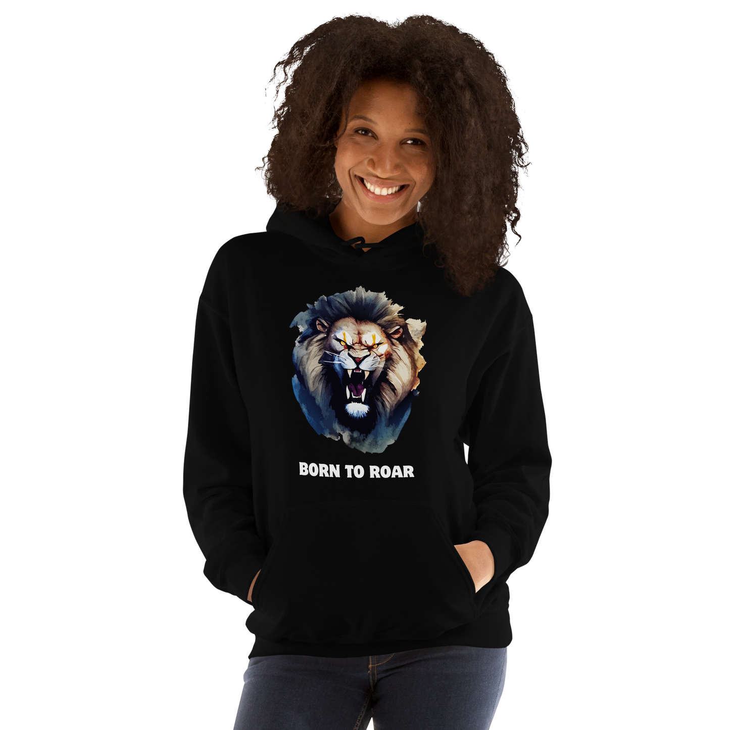 Woman wearing a Funny Born to Roar Lion Hoodie in black by Boozy Fox