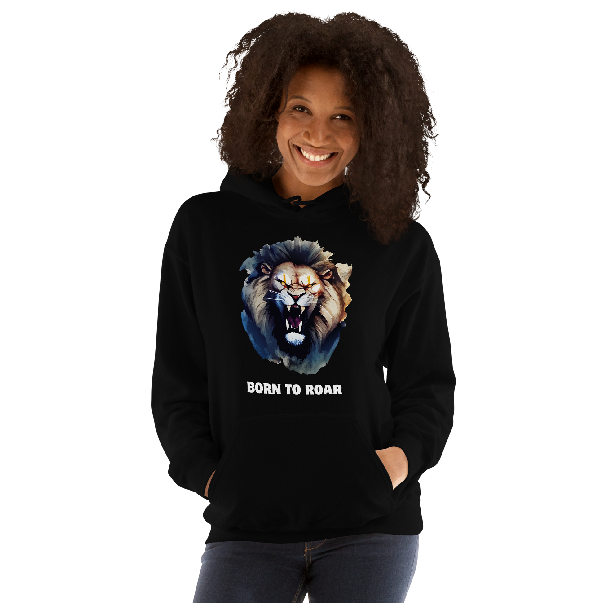Woman wearing a Funny Born to Roar Lion Hoodie in black by Boozy Fox