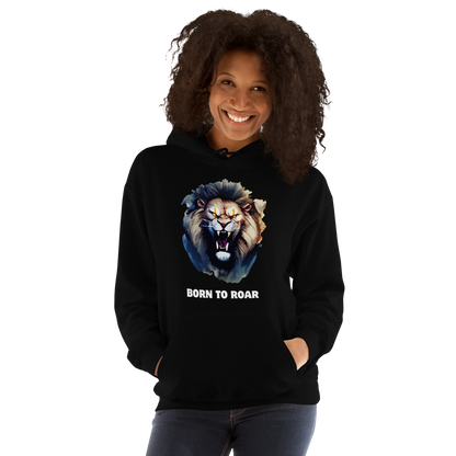 Woman wearing a Funny Born to Roar Lion Hoodie in black by Boozy Fox