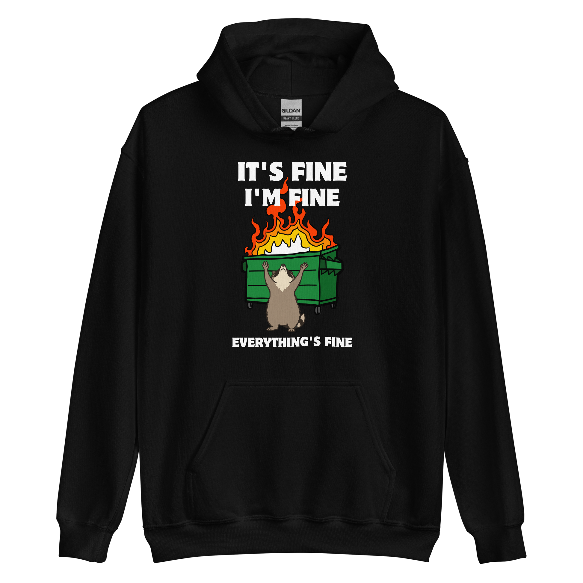 Funny Dumpster Fire Raccoon graphic hoodie in black by Boozy Fox