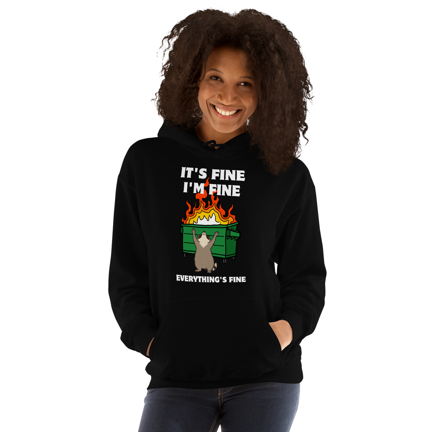 Woman wearing a Funny Dumpster Fire Raccoon graphic hoodie in black by Boozy Fox
