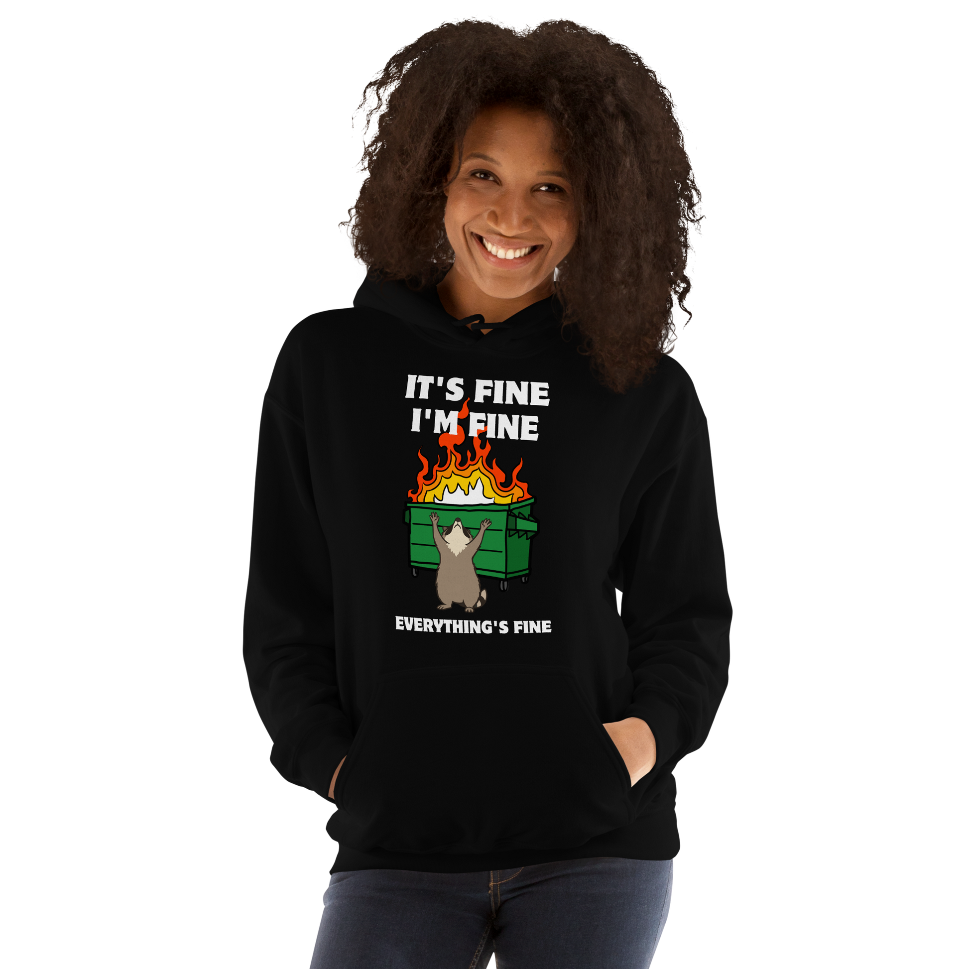 Woman wearing a Funny Dumpster Fire Raccoon graphic hoodie in black by Boozy Fox