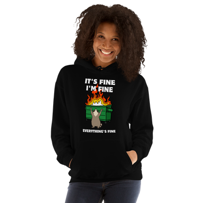 Woman wearing a Funny Dumpster Fire Raccoon graphic hoodie in black by Boozy Fox
