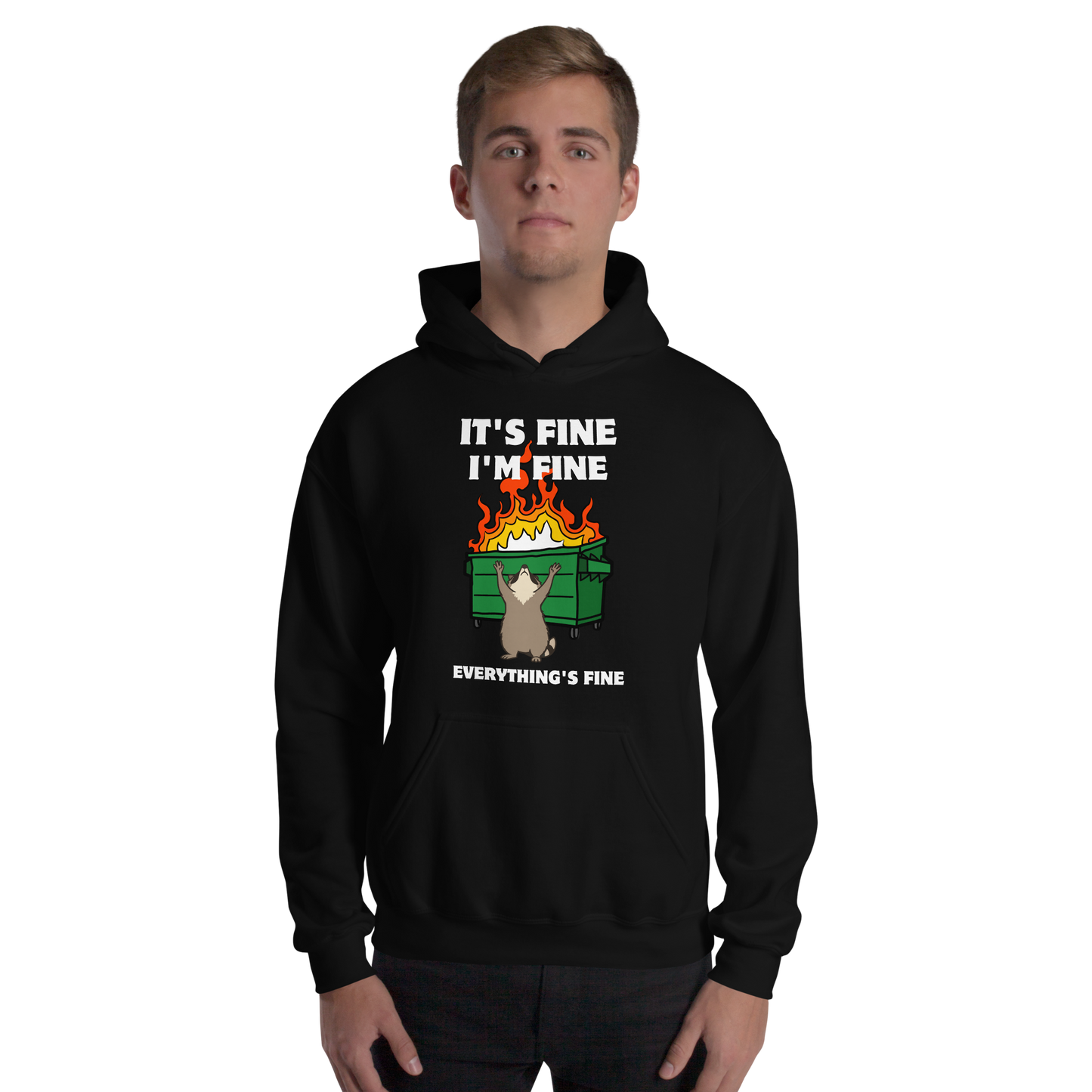 Man wearing a Funny Dumpster Fire Raccoon graphic hoodie in black by Boozy Fox
