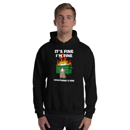 Man wearing a Funny Dumpster Fire Raccoon graphic hoodie in black by Boozy Fox