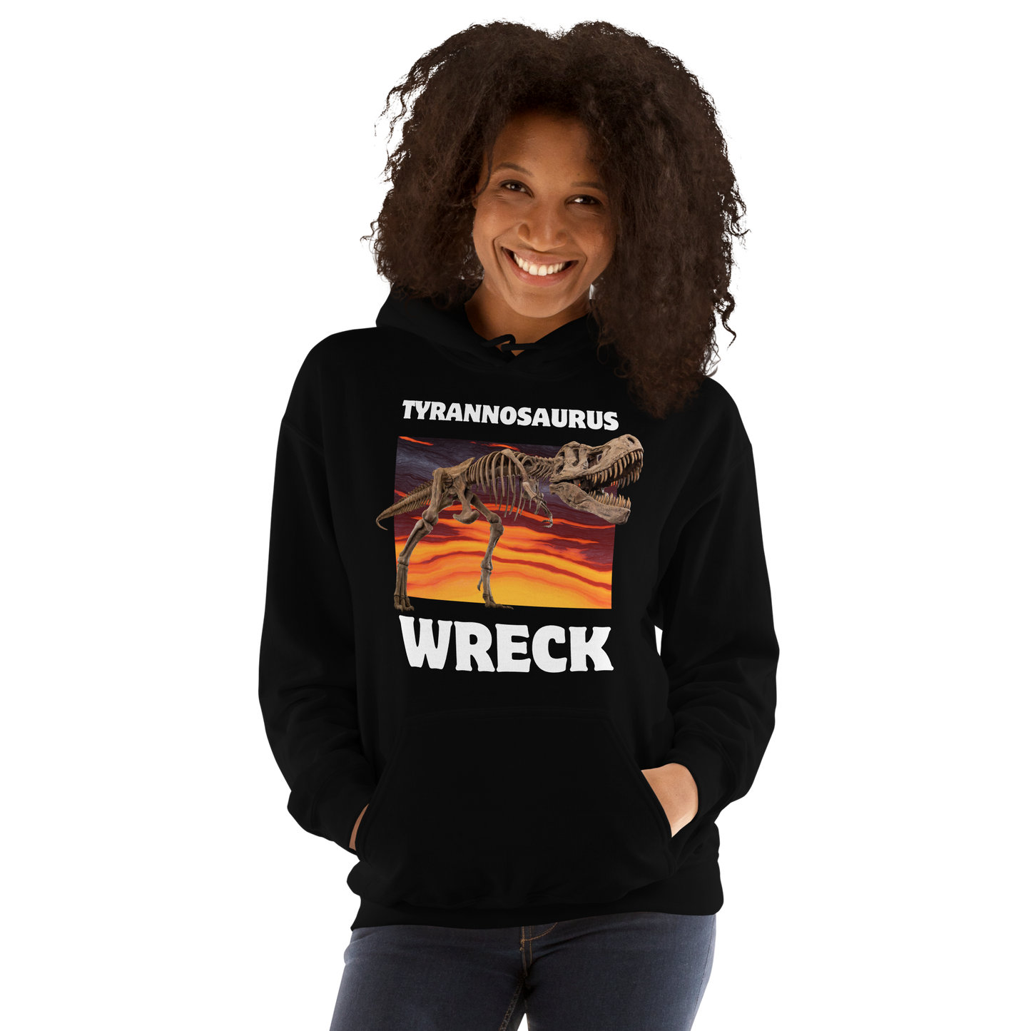 Woman wearing a Funny Tyrannosaurus Wreck T-Rex Dinosaur graphic hoodie in black by Boozy Fox