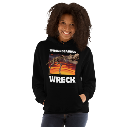 Woman wearing a Funny Tyrannosaurus Wreck T-Rex Dinosaur graphic hoodie in black by Boozy Fox
