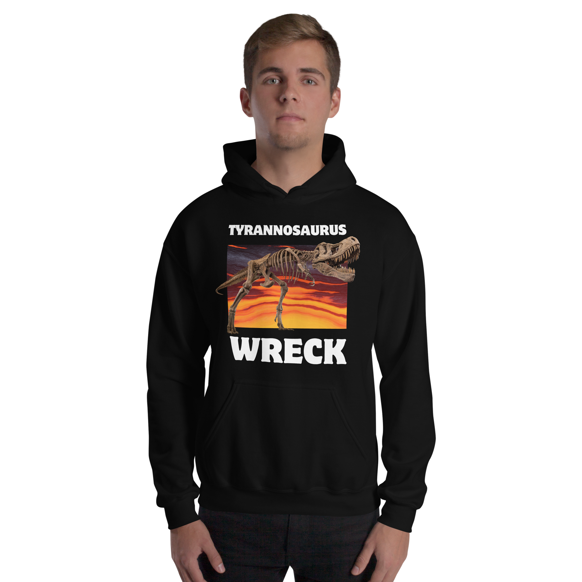 Man wearing a Funny Tyrannosaurus Wreck T-Rex Dinosaur graphic hoodie in black by Boozy Fox
