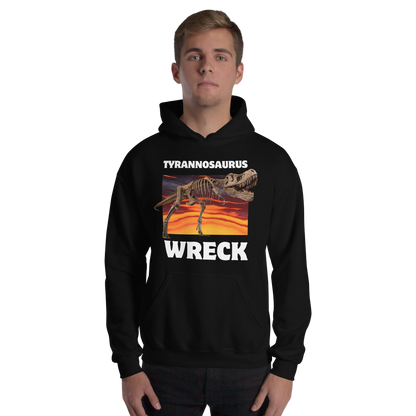 Man wearing a Funny Tyrannosaurus Wreck T-Rex Dinosaur graphic hoodie in black by Boozy Fox