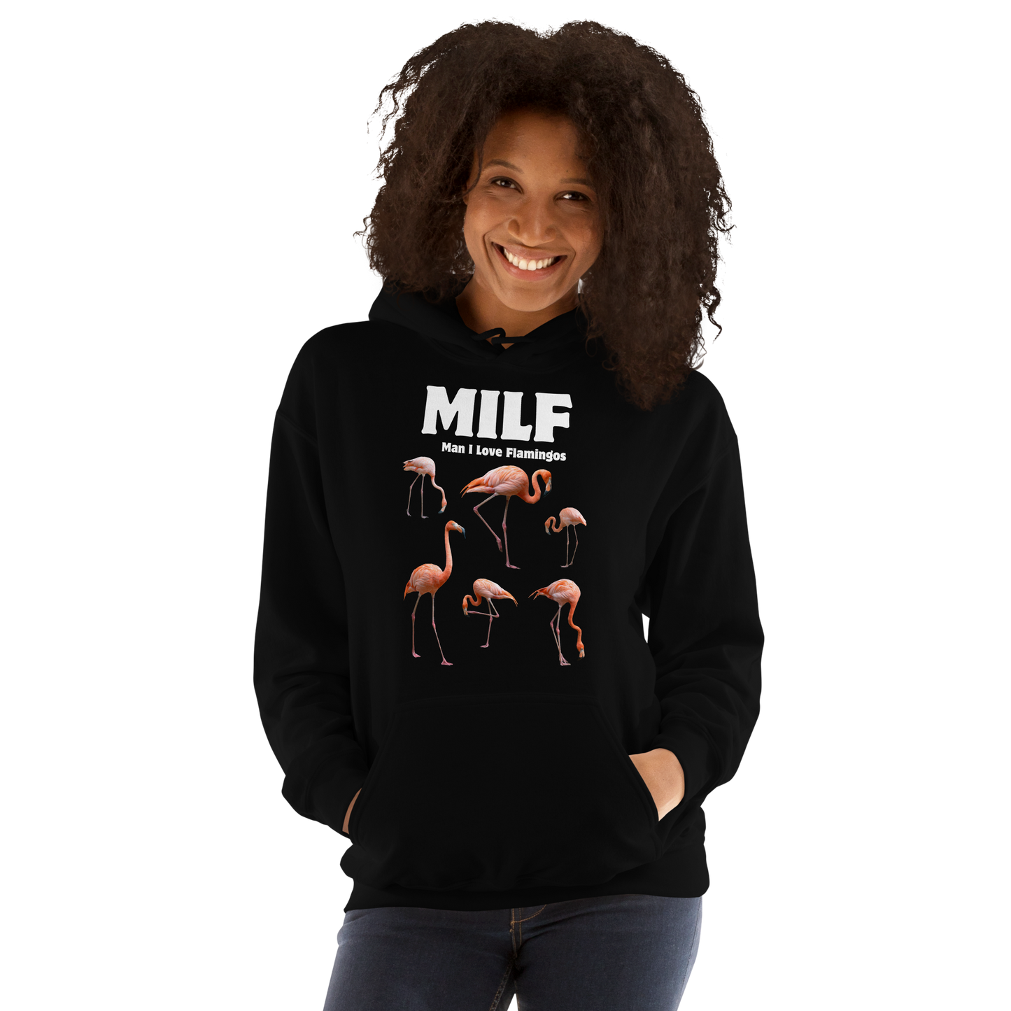 Woman wearing a Funny Man I Love Flamingos graphic hoodie in black by Boozy Fox