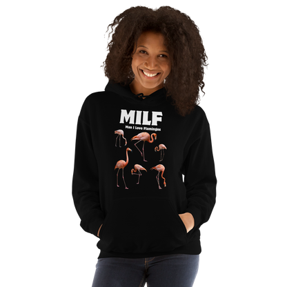 Woman wearing a Funny Man I Love Flamingos graphic hoodie in black by Boozy Fox