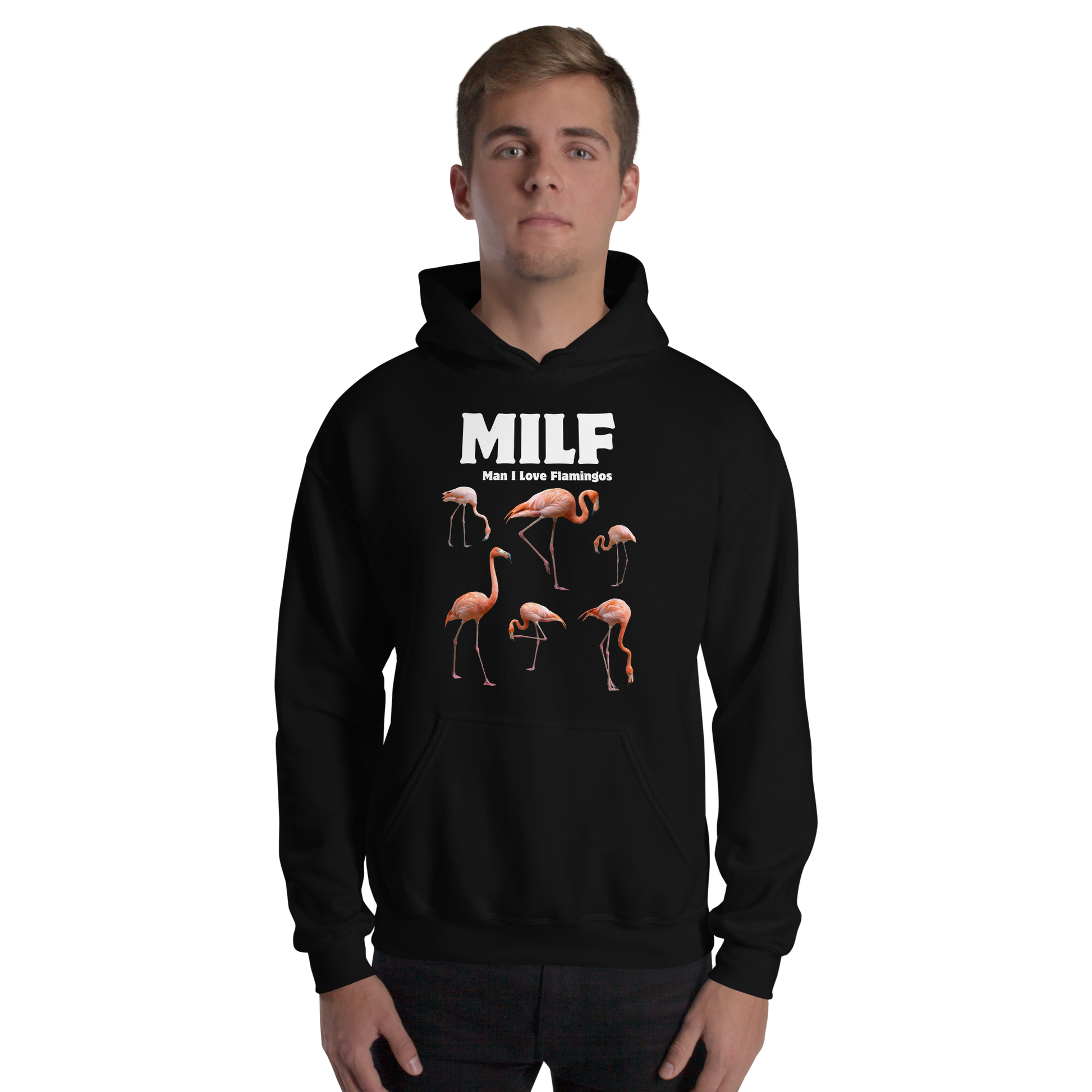 Man wearing a Funny Man I Love Flamingos graphic hoodie in black by Boozy Fox