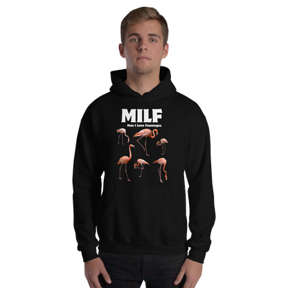 Man wearing a Funny Man I Love Flamingos graphic hoodie in black by Boozy Fox