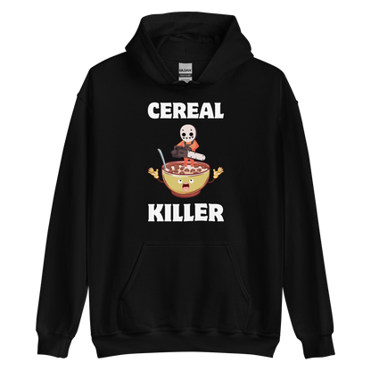 Funny Cereal Killer breakfast graphic hoodie in black by Boozy Fox