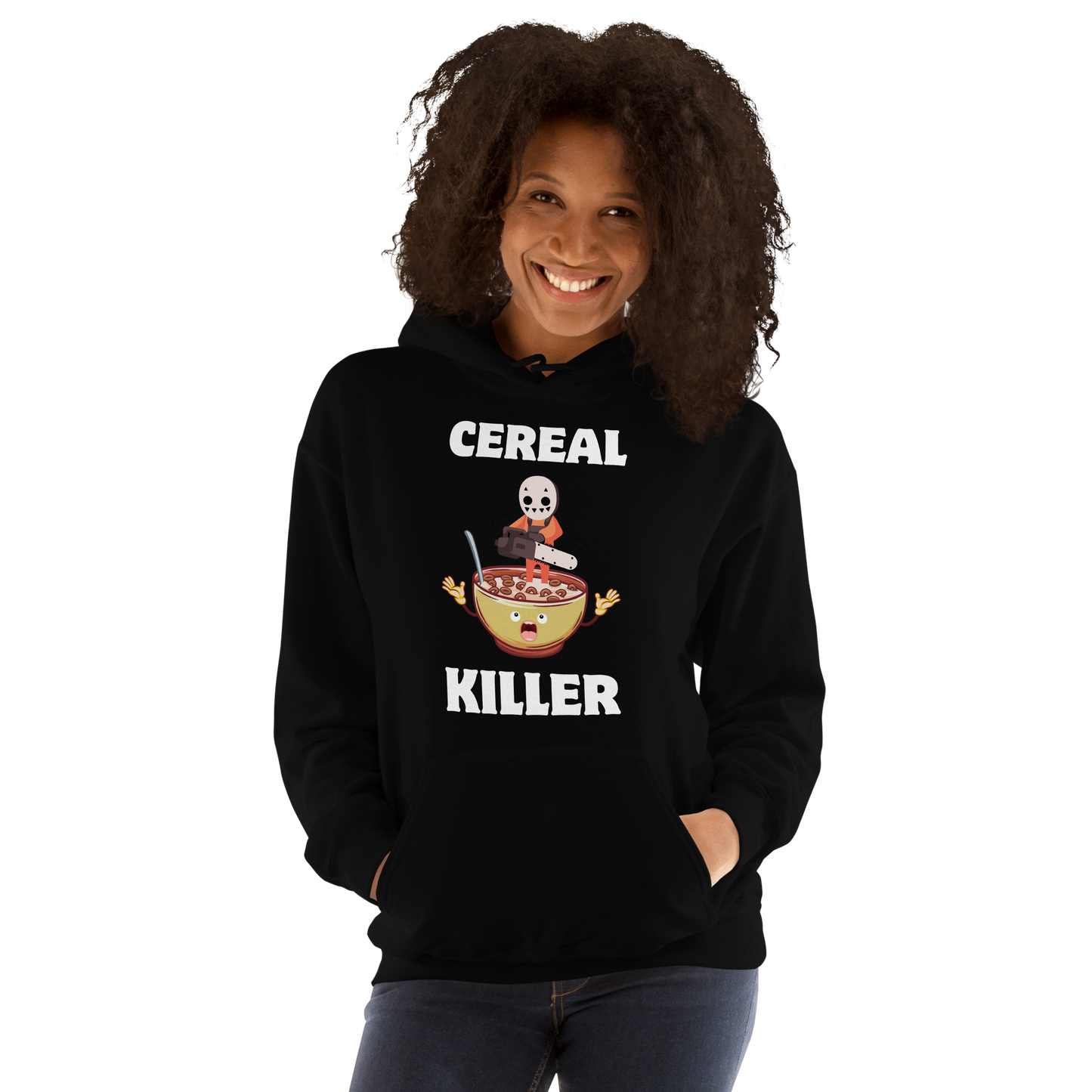 Woman wearing a Funny Cereal Killer breakfast graphic hoodie in black by Boozy Fox