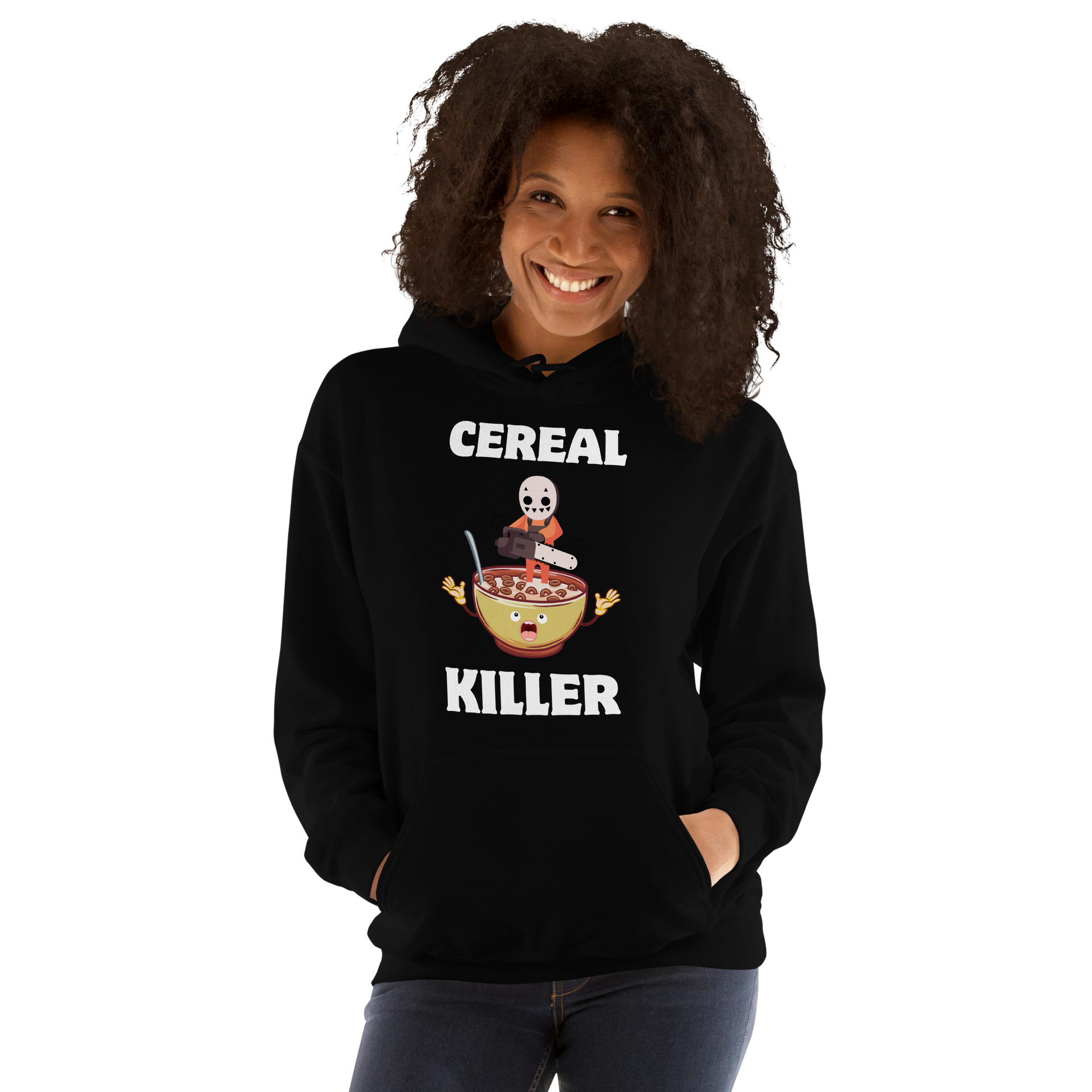 Woman wearing a Funny Cereal Killer breakfast graphic hoodie in black by Boozy Fox