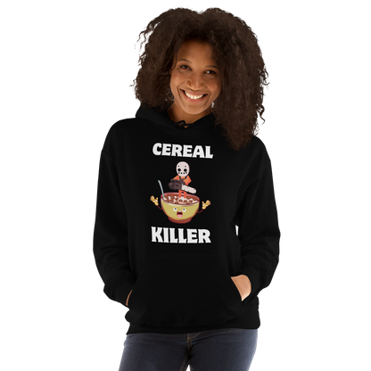 Woman wearing a Funny Cereal Killer breakfast graphic hoodie in black by Boozy Fox