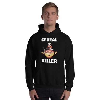 Man wearing a Funny Cereal Killer breakfast graphic hoodie in black by Boozy Fox