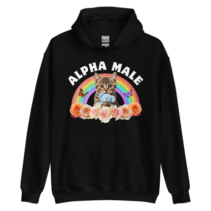 Funny Alpha Male Cat rainbow roses graphic hoodie in black by Boozy Fox