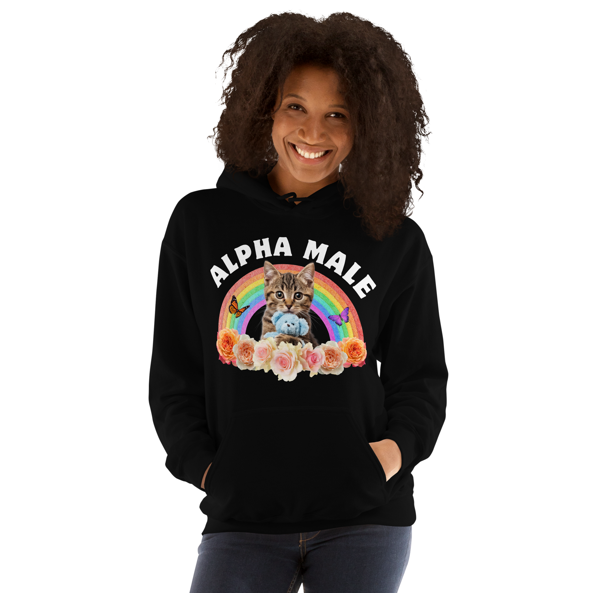 Woman wearing a Funny Alpha Male Cat rainbow roses graphic hoodie in black by Boozy Fox