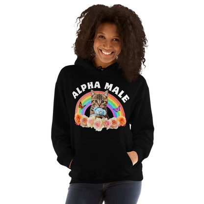 Woman wearing a Funny Alpha Male Cat rainbow roses graphic hoodie in black by Boozy Fox