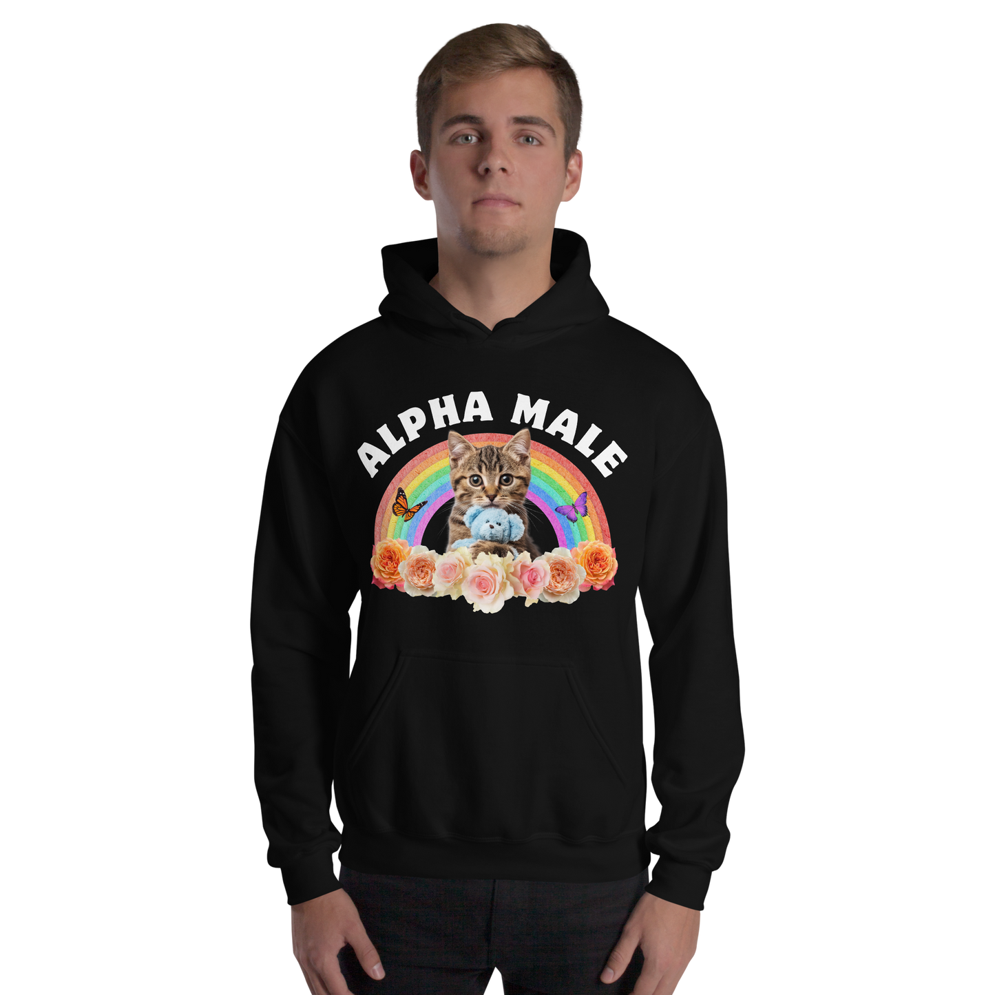 Man wearing a Funny Alpha Male Cat rainbow roses graphic hoodie in black by Boozy Fox