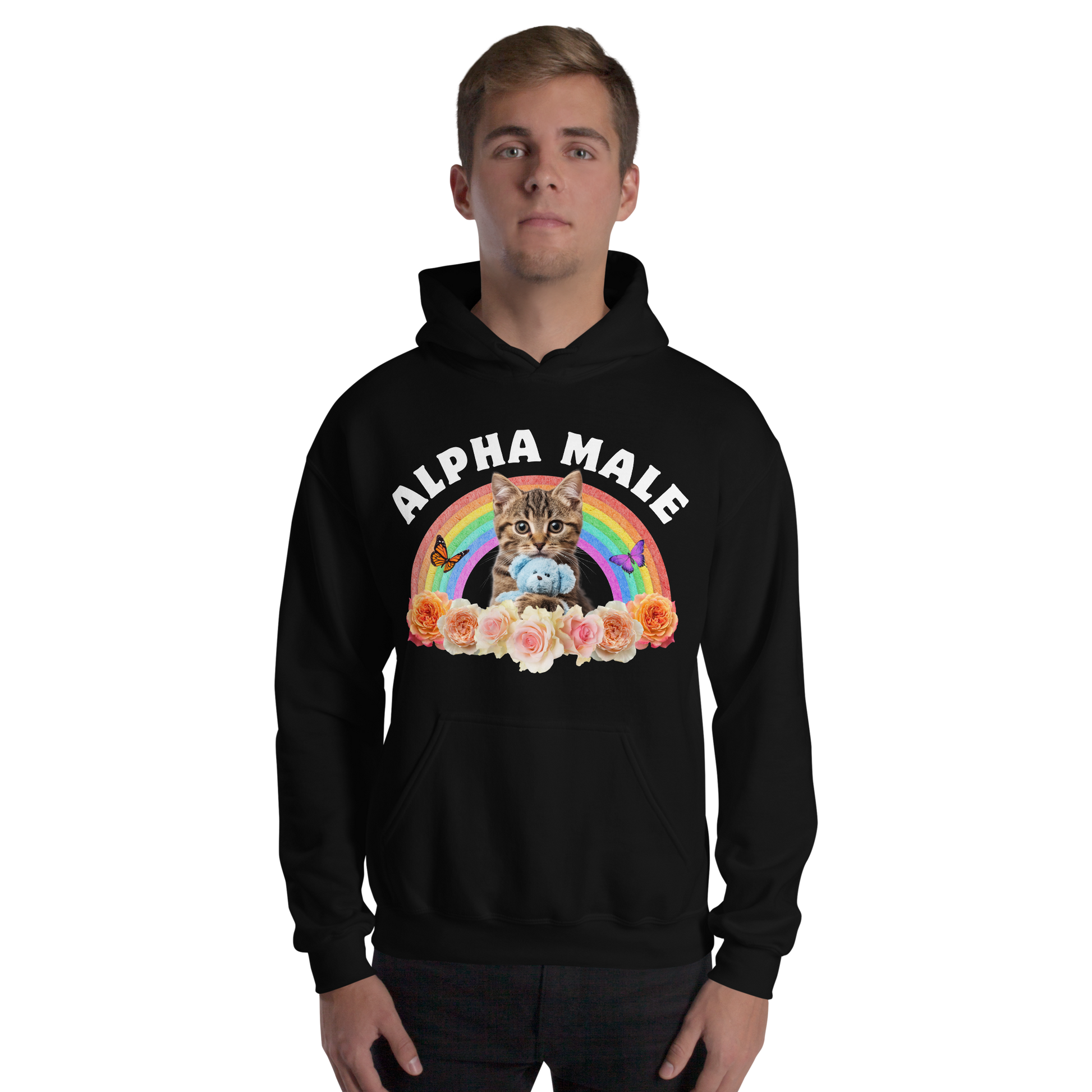 Man wearing a Funny Alpha Male Cat rainbow roses graphic hoodie in black by Boozy Fox
