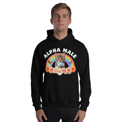 Man wearing a Funny Alpha Male Cat rainbow roses graphic hoodie in black by Boozy Fox