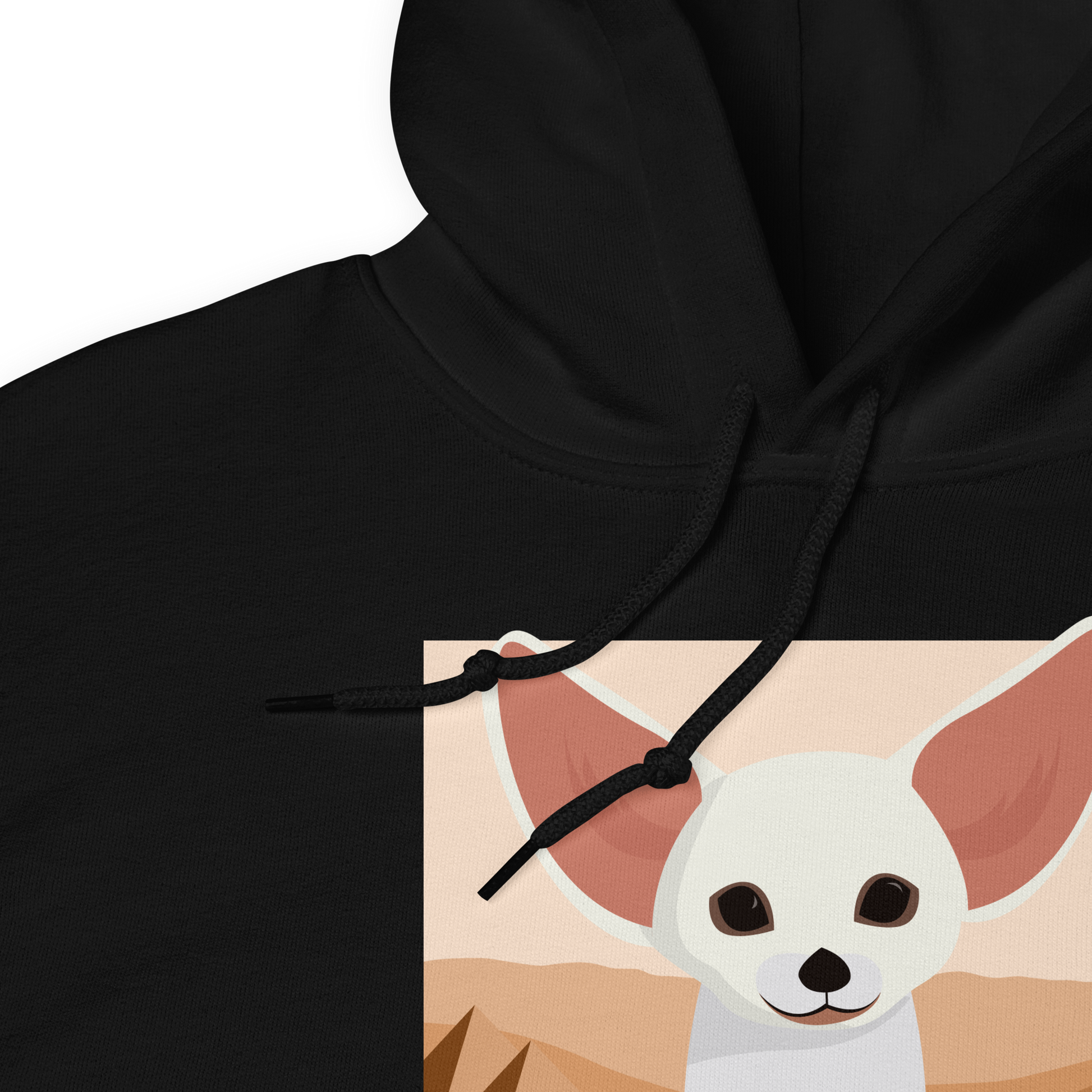 Front Details of a Black Fennec Fox Hoodie featuring an adorable Dessert Addict graphic on the chest - Funny Graphic Fennec Fox Hoodies - Boozy Fox
